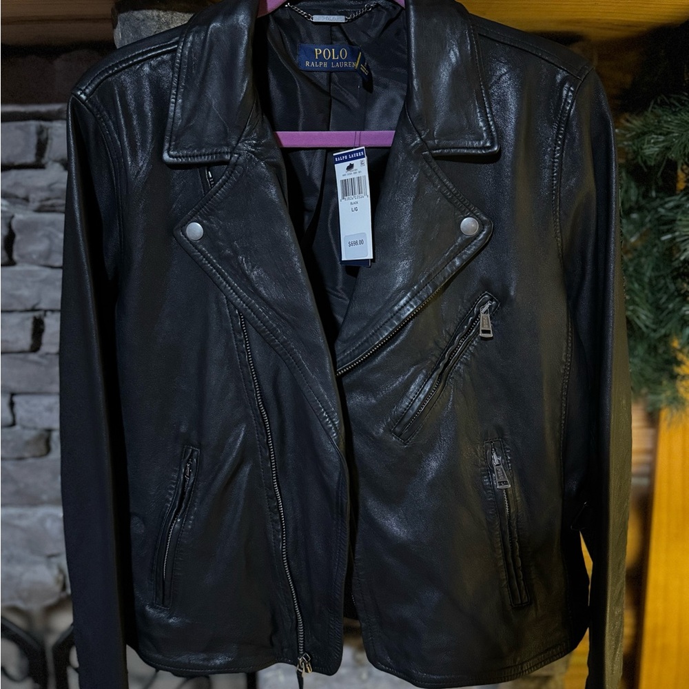 Authentic Polo Ralph Lauren Classic Black Leather Moto Jacket - Picture 3 of 10
